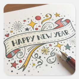 Pegatina Cuadrada Texto personalizado moderno Feliz Año Nuevo