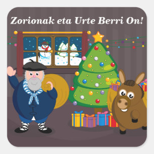 Pegatina Cuadrada Texto personalizado, Olentzero Navidad / escena de