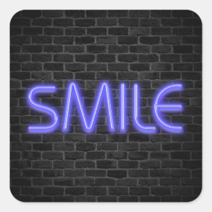 Pegatina Cuadrada Texto SMILE en luces de neón en ladrillo