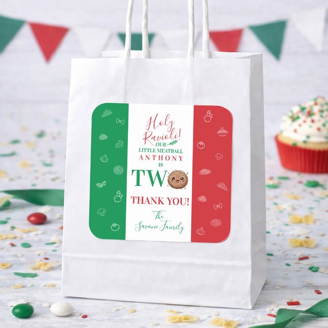 Pegatina Cuadrada Thank You Second Birthday Party Italian Meatball (Thank You Second Birthday Party Italian Meatball Square Sticker)