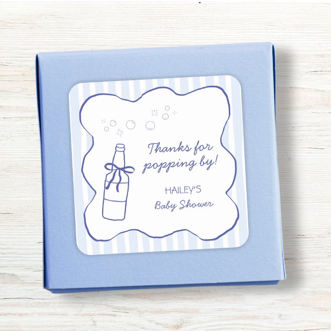 Pegatina Cuadrada Thanks For Popping By Soda Bottle Blue Baby Shower (Thanks For Popping By Soda Bottle Blue Baby Shower Square Sticker)