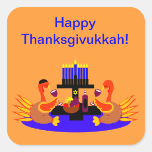 Pegatina Cuadrada Thanksgivukkah Stickers Vino Tostando Pavos