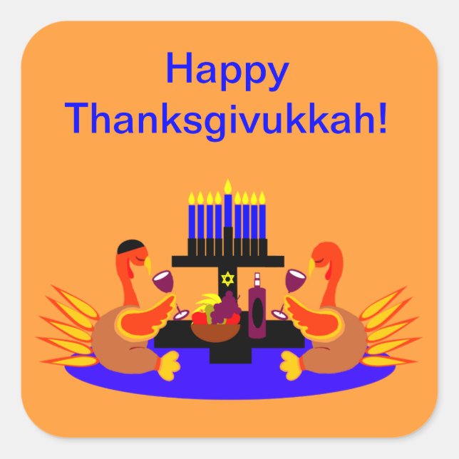 Pegatina Cuadrada Thanksgivukkah Stickers Vino Tostando Pavos (Anverso)
