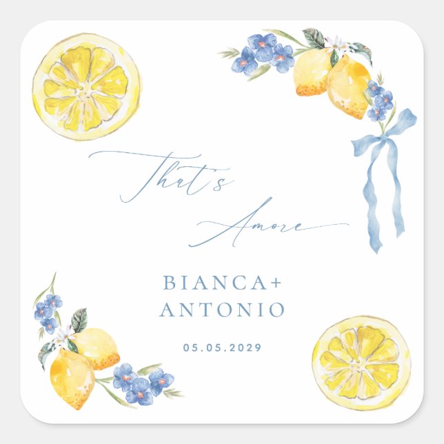 Pegatina Cuadrada That's Amore Blue Bow Lemons Italian Wedding Favor (Anverso)