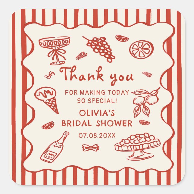 Pegatina Cuadrada That's Amore Italian Hand Drawn Bridal Shower (Anverso)