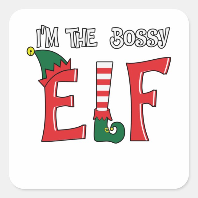 Pegatina Cuadrada The Bossy Elf Family Matching Christmas Pajamas (Anverso)