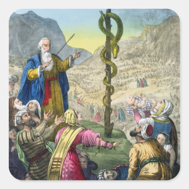 Pegatina Cuadrada The Brazen Serpent, de una biblia impresa por Edwa (Anverso)