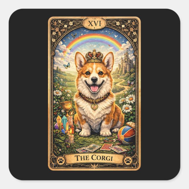 Pegatina Cuadrada The Corgi Tarot Card (Anverso)