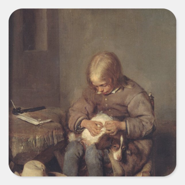Pegatina Cuadrada The Flea-Catcher c.1655 (Anverso)