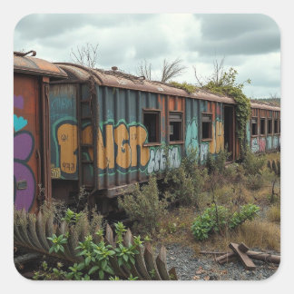 Pegatina Cuadrada The Forgotten Railway – Abandoned Graffiti Train