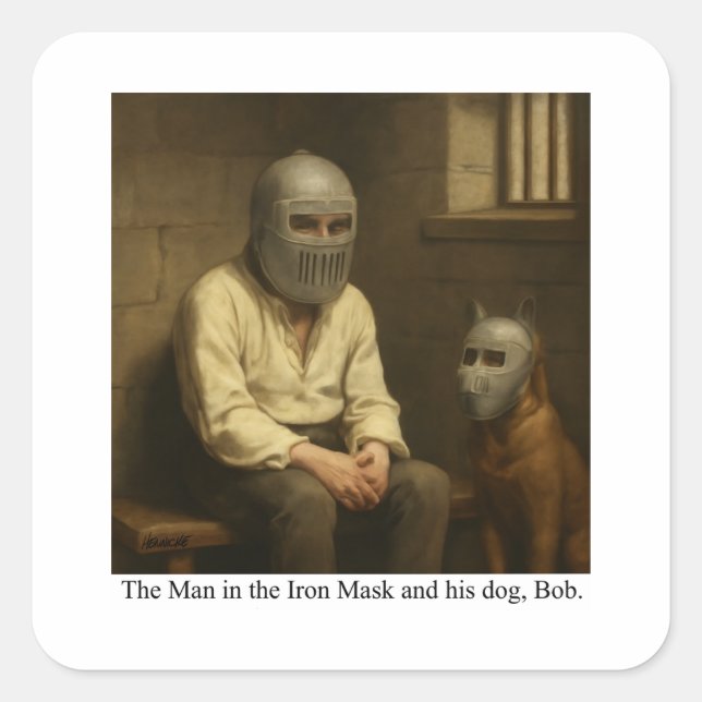Pegatina Cuadrada The Man in the Iron Mask and his dog, Bob. (Anverso)