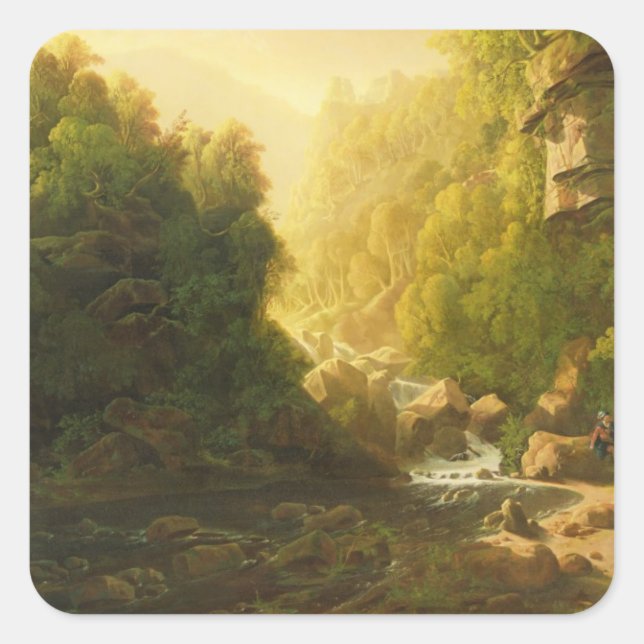 Pegatina Cuadrada The Mountain Torrent, c.1820-30 (aceite sobre lien (Anverso)