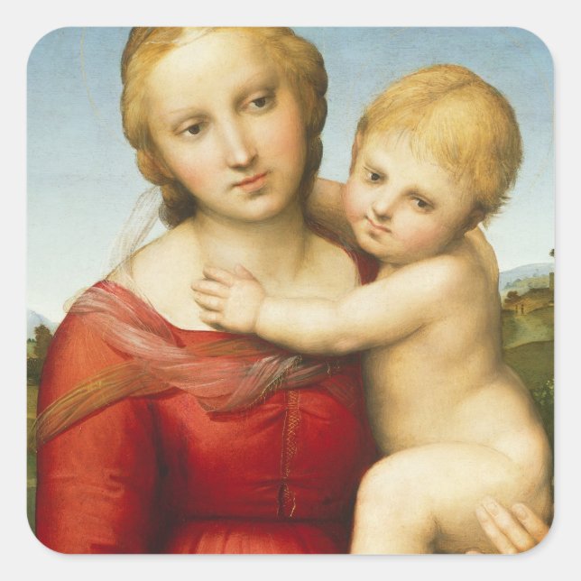 Pegatina Cuadrada The Small Cowper Madonna, c.1505 (aceite en el pan (Anverso)
