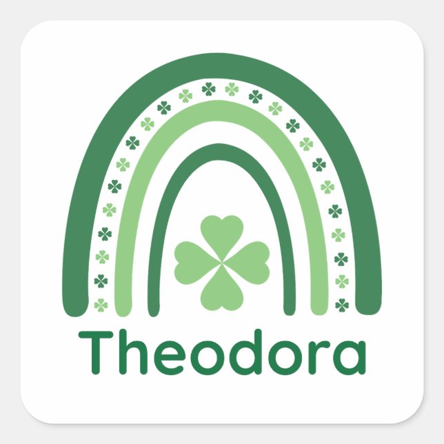 Pegatina Cuadrada Theodora Name Clover Boho Rainbow (Anverso)