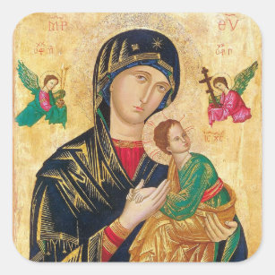 Pegatina Cuadrada Theotokos y el niño Cristo con el icono de los áng
