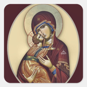 Pegatina Cuadrada Theotokos y Niño Jesús en icono de color granate y