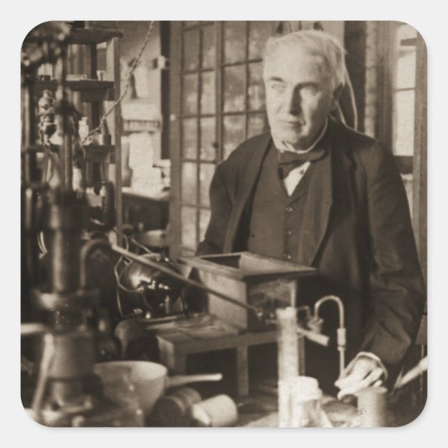 Pegatina Cuadrada Thomas Edison en su estudio de laboratorio (Anverso)