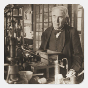 Pegatina Cuadrada Thomas Edison en su laboratorio Stereoview
