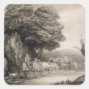 Pegatina Cuadrada Thomas Gainsborough Paisaje de madera con carros