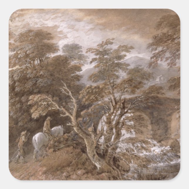 Pegatina Cuadrada Thomas Gainsborough | Un estanque de bosques con r (Anverso)