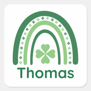 Pegatina Cuadrada Thomas Nombre Clover Boho Arcoíris