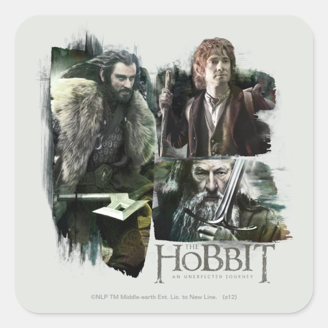 Pegatina Cuadrada THORIN OAKENSHIELD™, BILBO BAGGINS™ y arte Gandalf (Anverso)
