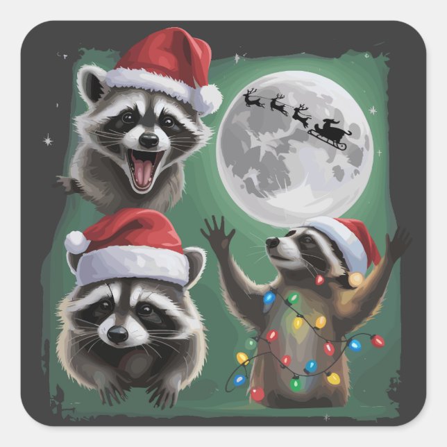Pegatina Cuadrada Three Raccoons With The Moon Galaxy Christmas  (Anverso)