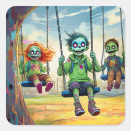 Pegatina Cuadrada Three Zombie Kids on Swings in Fall Park