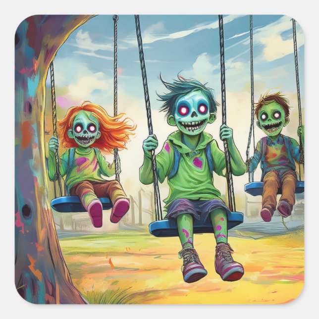 Pegatina Cuadrada Three Zombie Kids on Swings in Fall Park (Anverso)