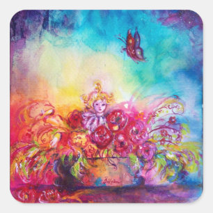 PEGATINA CUADRADA THUMBELINA, BAÑERA DE FLORES Y MARIPOSA