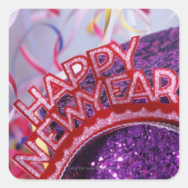 Pegatina Cuadrada Tiara de Año Nuevo y gorra secuenciado, con (Anverso)