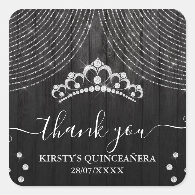 Pegatina Cuadrada Tiara de diamante plateado en madera negra Quincea (Anverso)
