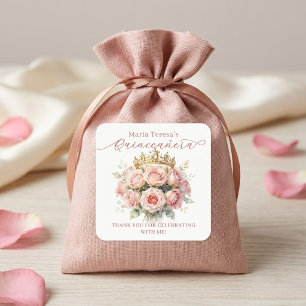 Pegatina Cuadrada Tiara de Quinceañera de Rosa Dorada Pastel Acuarel