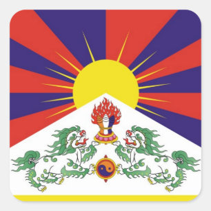 Pegatina Cuadrada Tíbet, leones de la nieve, bandera tibetana - el