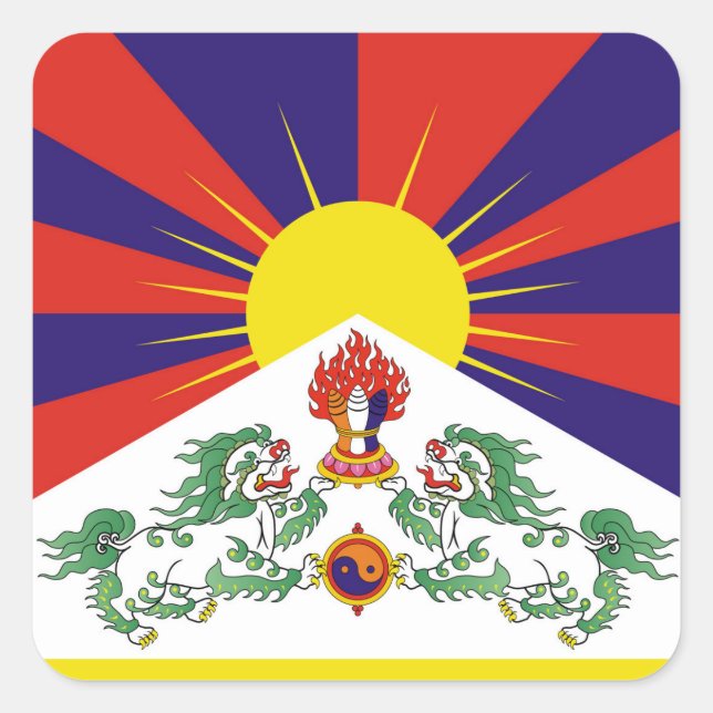 Pegatina Cuadrada Tibet, Leones de nieve, bandera tibetana - Los Him (Anverso)