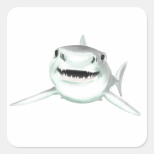 Pegatina Cuadrada tiburón acuarela sonriendo gris verde océano anima