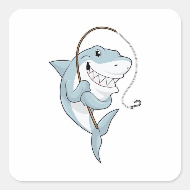 Pegatina Cuadrada Tiburón como pescador con barra de pesca (Anverso)