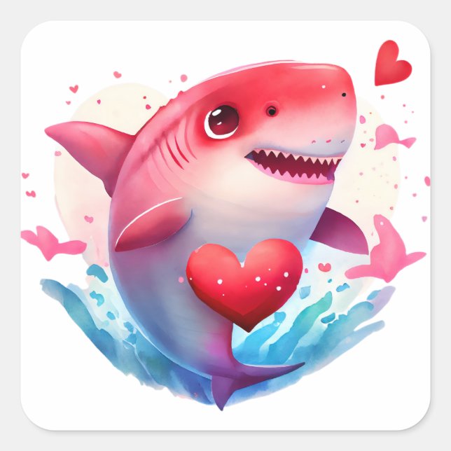 Pegatina Cuadrada Tiburón Corazón Bonito San Valentín (Anverso)