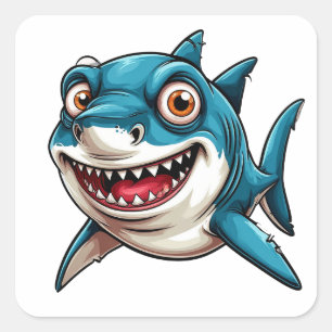Pegatina Cuadrada Tiburón de dibujos animados sonriendo nadando bajo