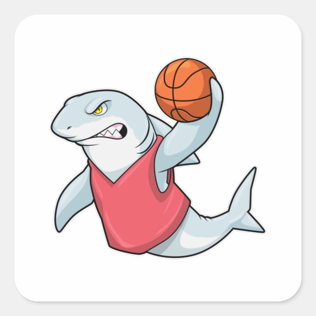 Pegatina Cuadrada Tiburón en deportes con baloncesto (Anverso)