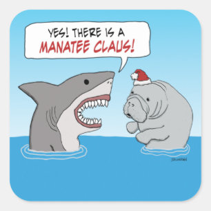 Pegatina Cuadrada Tiburón lindo y gracioso y Manatee Claus