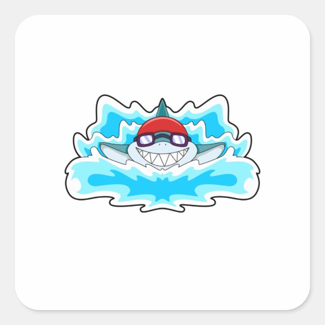 Pegatina Cuadrada Tiburón nadando con gafas nadando (Anverso)