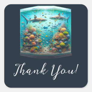 Pegatina Cuadrada Tiburones y peces Acuarela acuática Boda de acuari