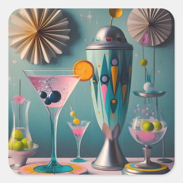 Pegatina Cuadrada Tiempo De Cóctel Futurista Atómico De Mediados Del (Anverso)