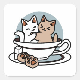 Pegatina Cuadrada Tiempo de embutido de té - Diseño de gato y té lin