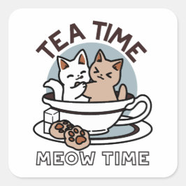 Pegatina Cuadrada Tiempo de embutido de té - Diseño de gato y té lin