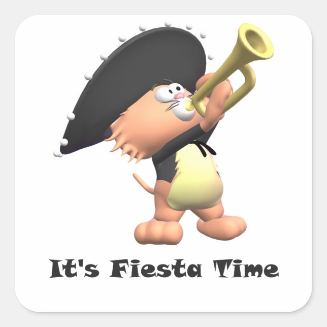 Pegatina Cuadrada Tiempo de Fiesta Negra de Cat Mariachi (Anverso)