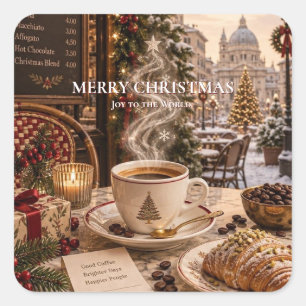 Pegatina Cuadrada Tienda de Café de Navidad, Elegante Vintage Europe