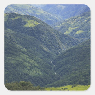 Pegatina Cuadrada Tierras agrícolas y bosque de Himalaya en el valle