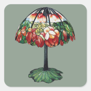 Pegatina Cuadrada Tiffany Art Nouveau Floral Rojo Loto Antiguo